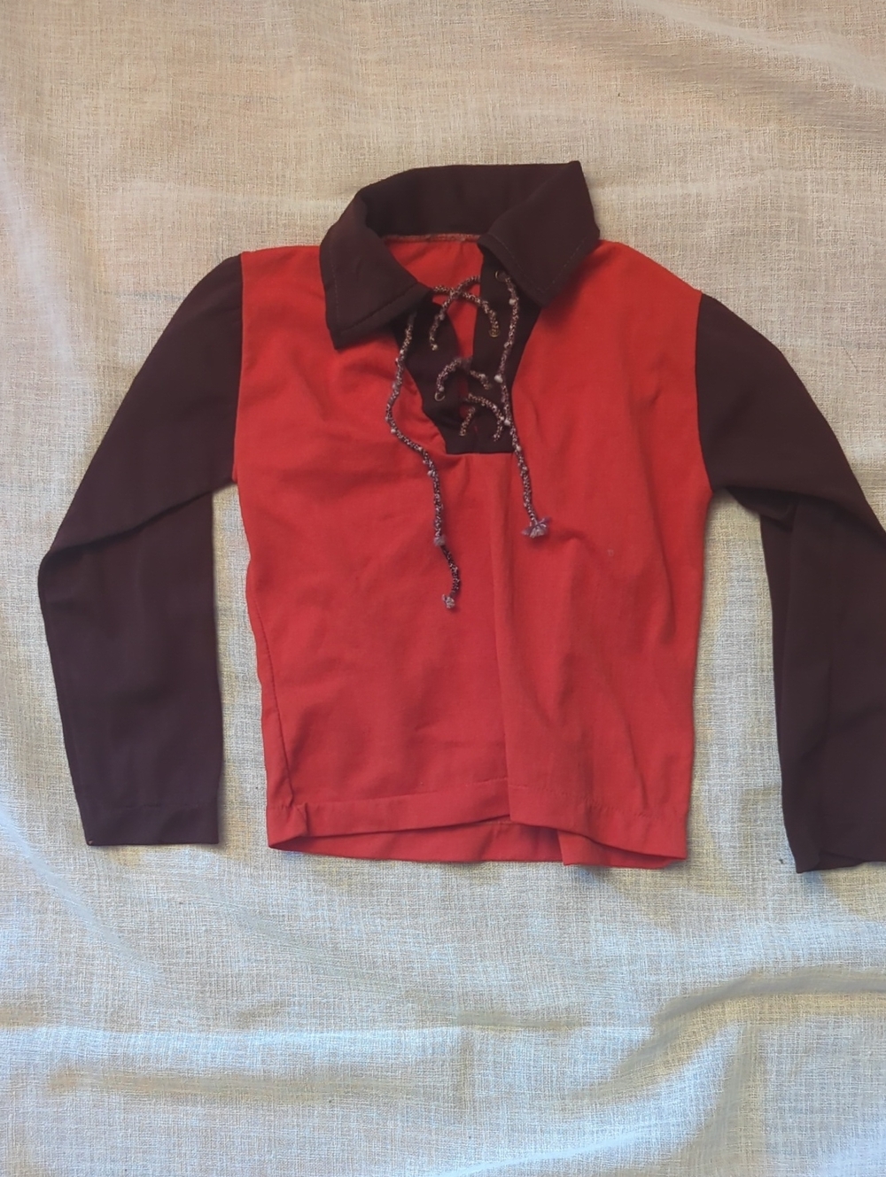 Vintage 1960s 1970s Kids Two-Tone Lace-Up Jacket Top - Red & Brown